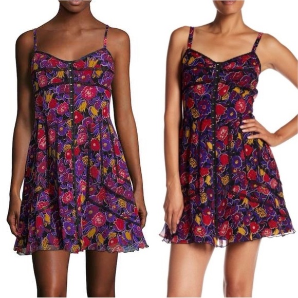 Anna Sui Dress Mini 100% Silk Spaghetti Strap Lace Trim Floral Multi 12 NWT New - Picture 1 of 12
